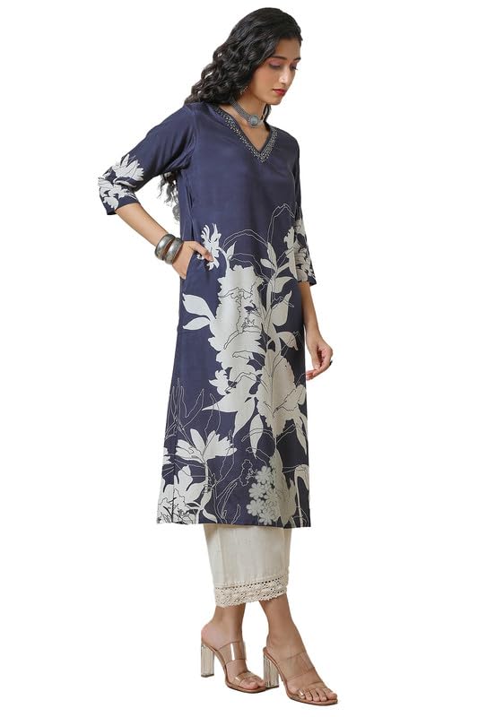 Soch Womens Navy Blue Botanical Print Viscose Muslin Kurta