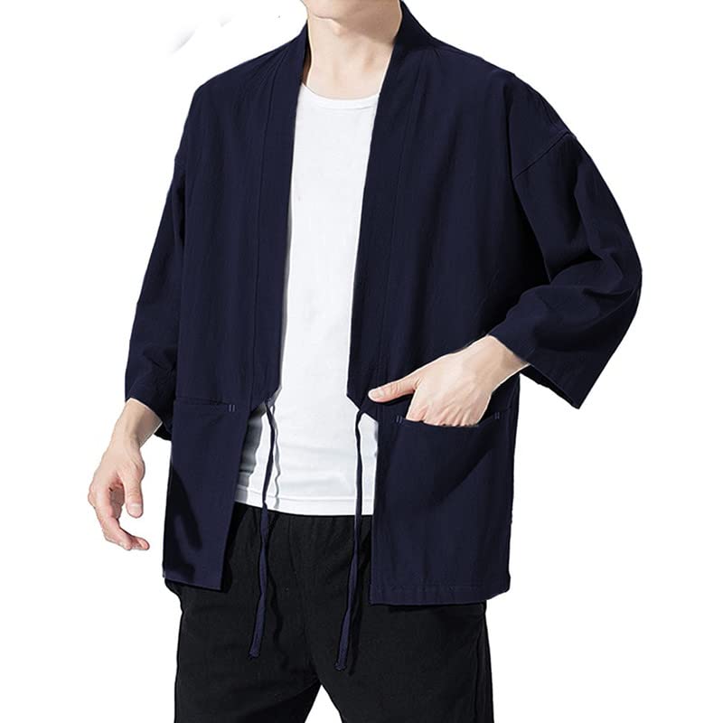 Haseil Men's Kimono Cardigan Japanese Jackets Casual Cotton 3/4 Sleeve Shirt Open Front Coat Lightweight Linen Yukata, Navy Blue