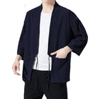 Haseil Men's Kimono Cardigan Japanese Jackets Casual Cotton 3/4 Sleeve Shirt Open Front Coat Lightweight Linen Yukata, Navy Blue