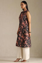 Soch Womens Black Linen Floral Print Kurta with Thread Work
