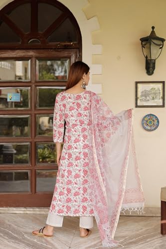 ANNI DESIGNER Womens Cotton Blend Straight Printed Kurta with Pant & Dupatta (VINKI White_M_White_Medium)