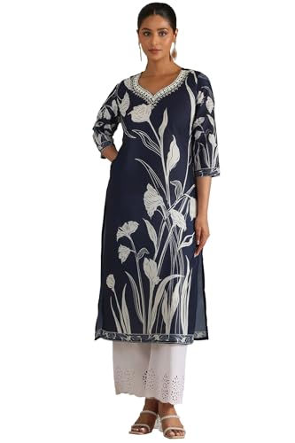Soch Women'S Muslin Botanical Regular Kurta (Ews5Ku61256_Navy Blue