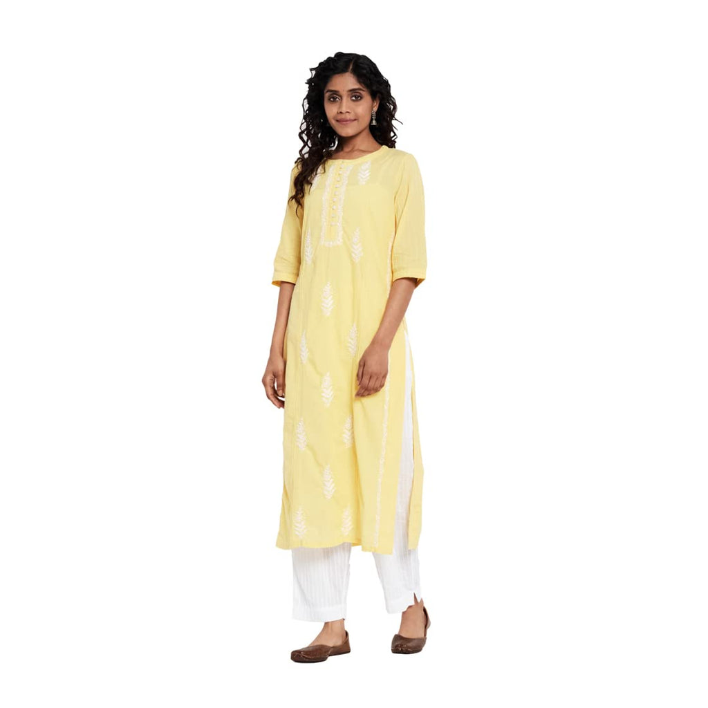 Fabindia Women Cambric Chikankari Slim Fit Long Kurta Cotton_M Yellow