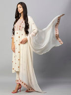 ANNI DESIGNER Womens Cotton Blend Straight Printed Kurta with Pant & Dupatta (Bakhshi Cream_S_Cream_Small)