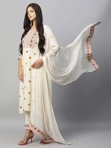 ANNI DESIGNER Womens Cotton Blend Straight Printed Kurta with Pant & Dupatta (Bakhshi Cream_XXL_Cream_XX-Large)