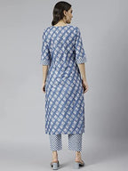 ANNI DESIGNER Womens Cotton Blend Straight Printed Kurta with Pant (Funnu Blue New_L_Blue_Large)