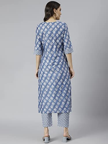 ANNI DESIGNER Womens Cotton Blend Straight Printed Kurta with Pant (Funnu Blue New_L_Blue_Large)