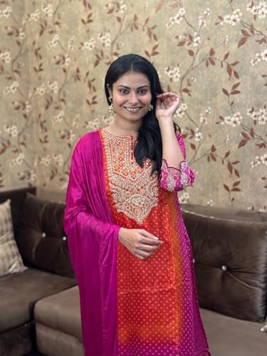 ANNI DESIGNER Women s Straight Embroidered Rayon Blend Kurta with Pants and Dupatta, Pink, 48