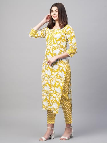 ANNI DESIGNER Womens Cotton Blend Printed Straight Kurta with Pant (Pustak Yellow_M_Begani_Medium)