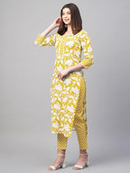 ANNI DESIGNER Womens Cotton Blend Printed Straight Kurta with Pant (Pustak Yellow_S_Begani_Small)