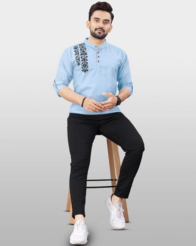 Finivo Fashion MenS Cotton Blend Kurta Style Shirt | Mandarin Collar Long Sleeve Casual Ethnic Shirt With Button Placket | Styl