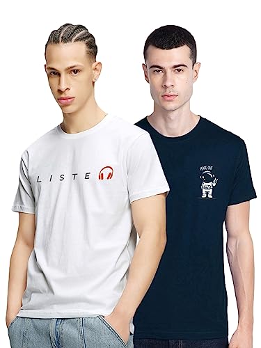 Bewakoof Mens Graphic Printed 100% Cotton T-Shirt (Pack of 2) - Regular Fit, Round Neck, Half Sleeves_595612_Blue&White_L