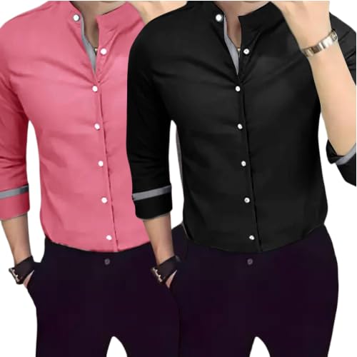Pinkmint Combo Men Shirt Cotton Palin Button Down Formal Shirt Father Gift Shirt Regular Home Shirt (Pack of 2) Pink-Black