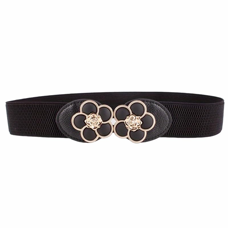 Syga WomenS Pu Leather Cinch Belt With Floral Rose Metal Buckle, Stretchable Waistband For Dresses  Black 25-35