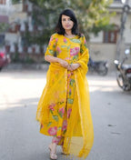 ANNI DESIGNER Womens Rayon Viscose Printed Anarkali Kurta with Pant & Dupatta (Rubina Yellow_L_Yellow_Large)
