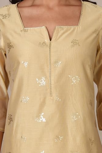 Beige Foil Printed Chanderi Straight Kurta