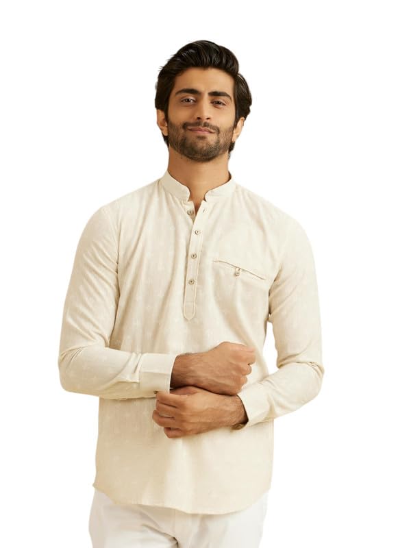 Manyavar MenS Linen Self Design Short Kurta (Cream,M)