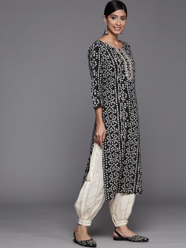 Black Printed Cotton Kurta Has A Gota Patti Work On Placket, Kurta Has Round Neck And Three Quarter Sleeves