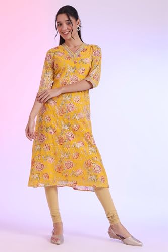 Aurelia Women'S Yellow Printed A-Line Kurta