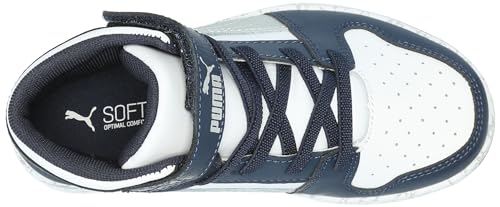 PUMA Rebound Layup Mid Hook and Loop Sneaker, White-Flat Light Gray-Club Navy, 11.5 US Unisex Little Kid