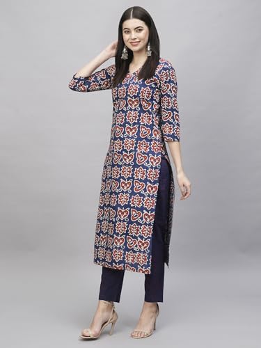ANNI DESIGNER Womens Cotton Blend Straight Printed Kurta with Pant (Kismis Blue_XL_Blue_X-Large)