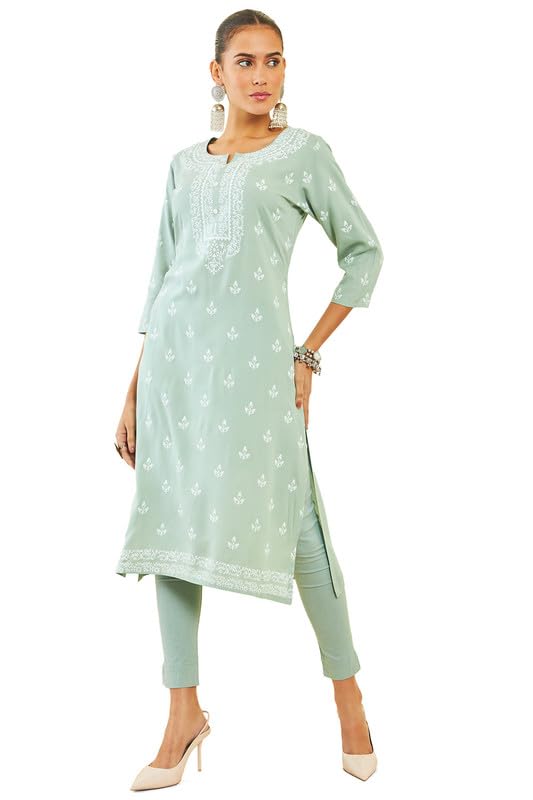 Soch Womens Sap Green Rayon Kurta With Ethnic Print