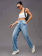 Miss Chase WomenS Light Blue Wide-Leg Fit High Rise Regular Length Stretchable Denim Jeans