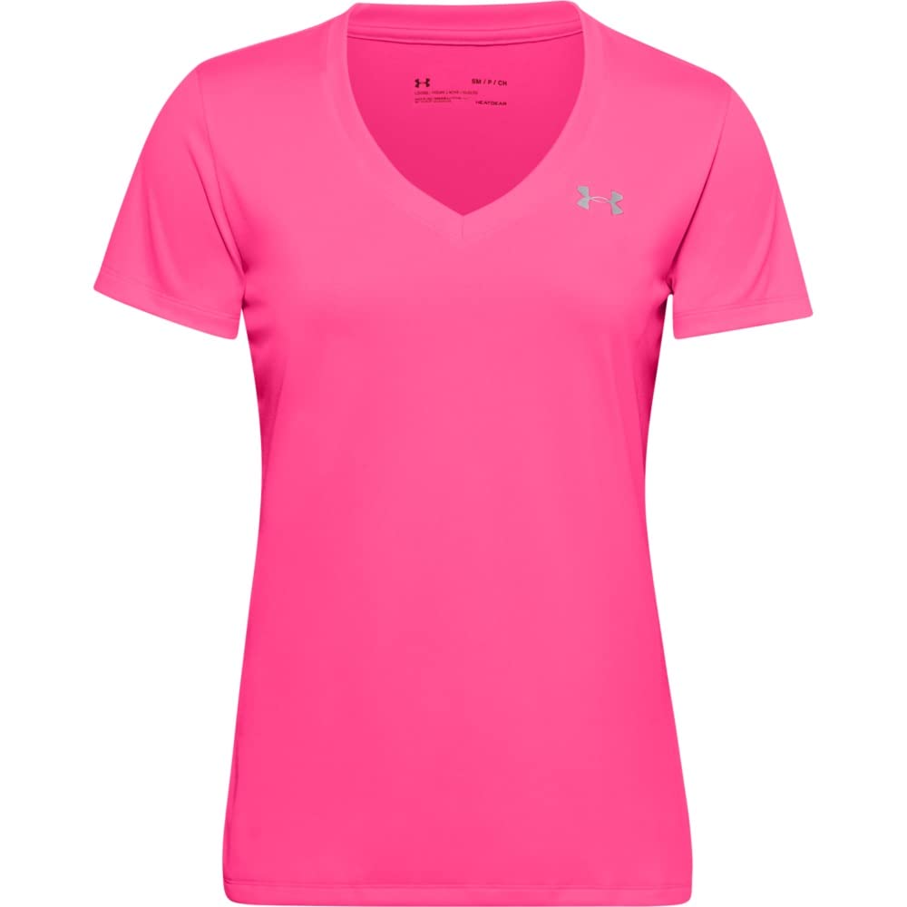 Under Armour womens Tech V-Neck Short-Sleeve T-Shirt , Cerise (653)/Metallic Silver , Small
