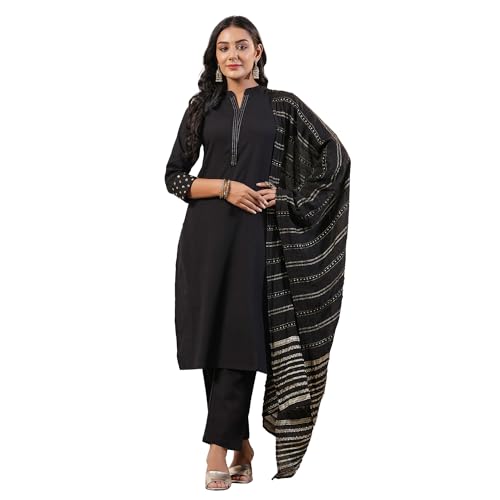 Anubhutee Women'S Cotton Blend Kurta Suit Set (Abwsdaw23025_Bk_Black