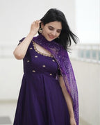 ANNI DESIGNER Womens Rayon Blend Anarkali Embroidered Kurta with Pant & Dupatta (Gumsum Begani_M_Begani_Medium)