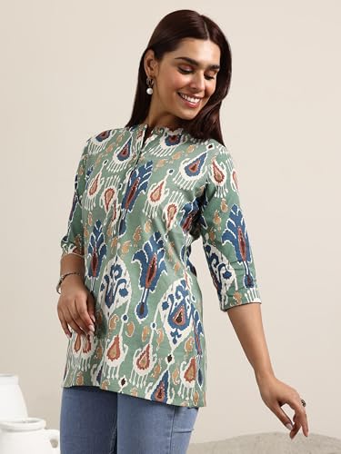 Libas Womens Printed Cotton Straight Kurti For Women Green