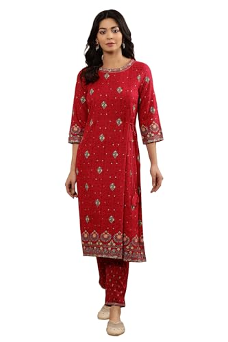 W Women Pink Festive Floral Print Viscose Straight Kurta Set With Slim Pant_24Onws18358-119197_Xl