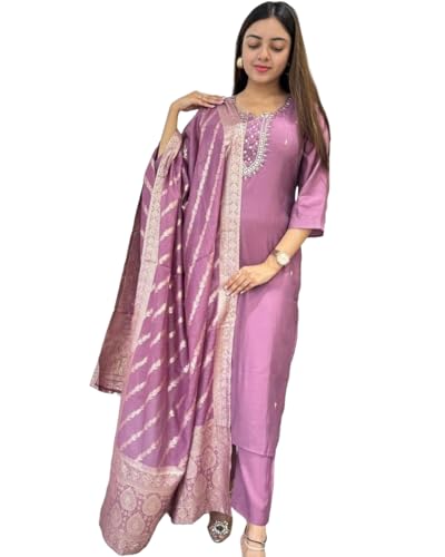 GoSriKi Womens Rayon Blend Embroidered Straight Kurta with Pant & Dupatta (Nagari Purple-GS_XL_Purple_X-Large)