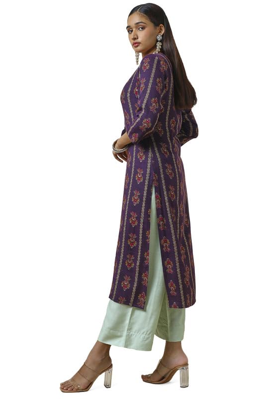 Soch Womens Purple Rayon Foil Print Kurta With Tassels