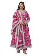 Varanga Women Ethnic Jaipuri Floral Printed Angrakha Anarkali Kurta With Trouser & Dupatta