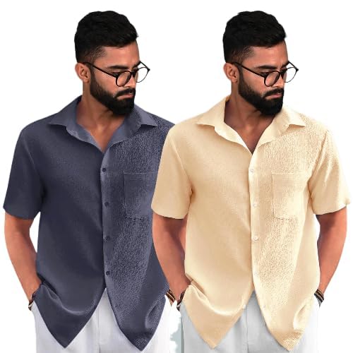 Pinkmint Combo of Mens Regular Fit Popcorn Shirt Half Sleeve Spraed Collar Shirt (Pack of 2) Multicolour
