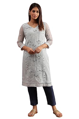 Folksong Women'S Blue Cotton Silk Kota Tepchi Embroidery Kurta (Size: L)-23Maf11657-920733