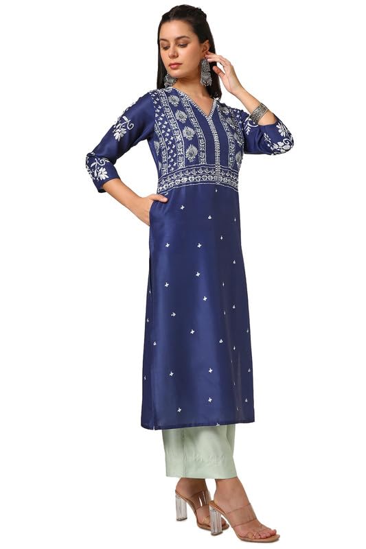 Soch Womens Navy Blue Muslin Blend Kurta With Mirror Work