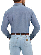 Wrangler Mens Cowboy Cut Western Two Pocket Long Sleeve Snap Work Shirt - Firm Finish - B&T,Chambray Blue,3X Tall
