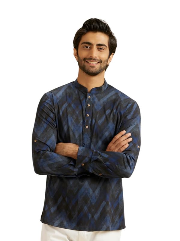 Manyavar Mens Spandex Digital Print Short Kurta (Dark Blue,XL)