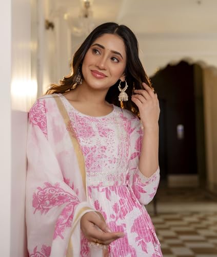Nermosa Women Floral Printed Anarkali Kurta And Pant With Dupatta | Shivangi Joshi Suit | Shivangi Joshi Collection (In, Alpha,