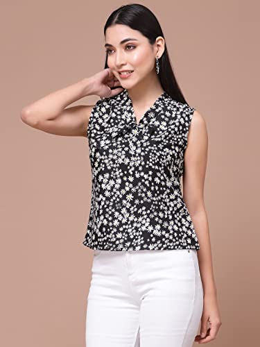 OOMPH! Womens Crepe Printed top with Tie Neck and Sleeveless