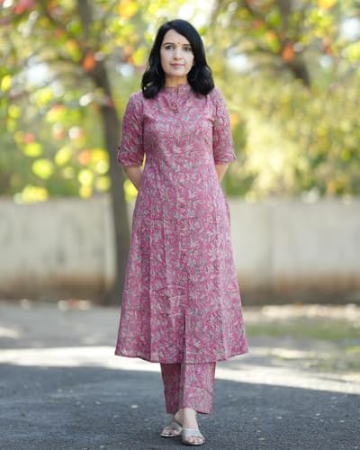 ANNI DESIGNER Womens Rayon Blend Straight Printed Kurta with Pant (Kasit Pink_L_Pink_Large)