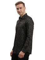 Turtle Men Cotton Tencel Slim Fit Printed Black Party Shirt