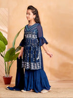 Aarika Girls Ethnic Wear Teal Blue Colour Sequin Thread Embroidery Kurti Sharara Set With Dupatta-(5-11 Years)-(SH-MC-1644-T-BLU