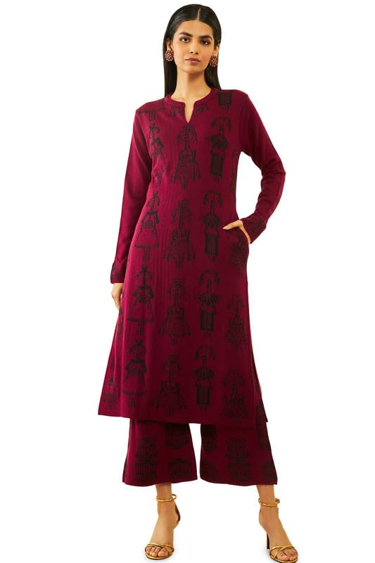 Soch Womens Wine Acrylic Doll Pattern Knitted Full Sleeves Winter Kurta Set
