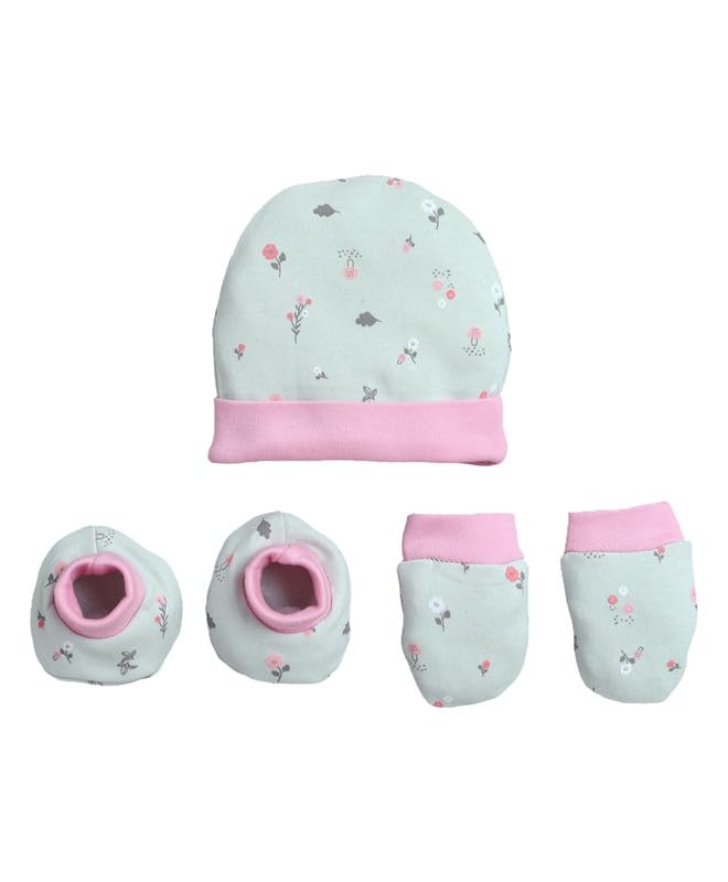 BUMZEE Girls Cotton Cap Mitten Bootie Green & Pink - 0-3 Months (Peb11049-grn)