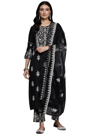 Varanga Womens Black Round Neck Thread Embroidered Kurta Paired With Bottom And Dupatta