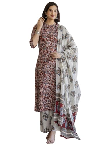 GoSriKi Womens Cotton Blend Printed Straight Kurta Plazzo with Printed Dupatta (Aabina Maroon-GS_M_Maroon_Medium)