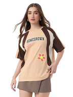 The Souled Store Homegrown Women and Girls Short Sleeves Round Neck Brown Graphic Printed Cotton Oversized T-Shirts